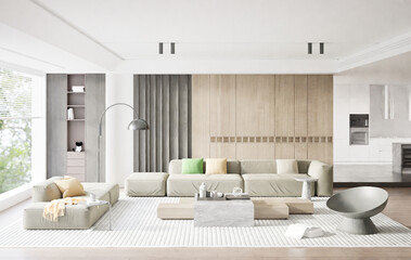 Modern living room furniture with large table and sofa, large window
