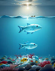 Naklejka premium A single fish swimming in a sea of plastic, symbolizing the environmental problem of ocean pollution.