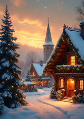 Fototapeta premium Snowy village with a lit Christmas tree and houses at sunset