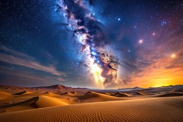 Stunning view of Milky Way galaxy over the Al Quaa Desert in Abu Dhabi with silhouette of landscape