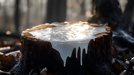 White sap oozing from a cut stump in the forest. tree sap macro. Ultra realistic. Photorealistic