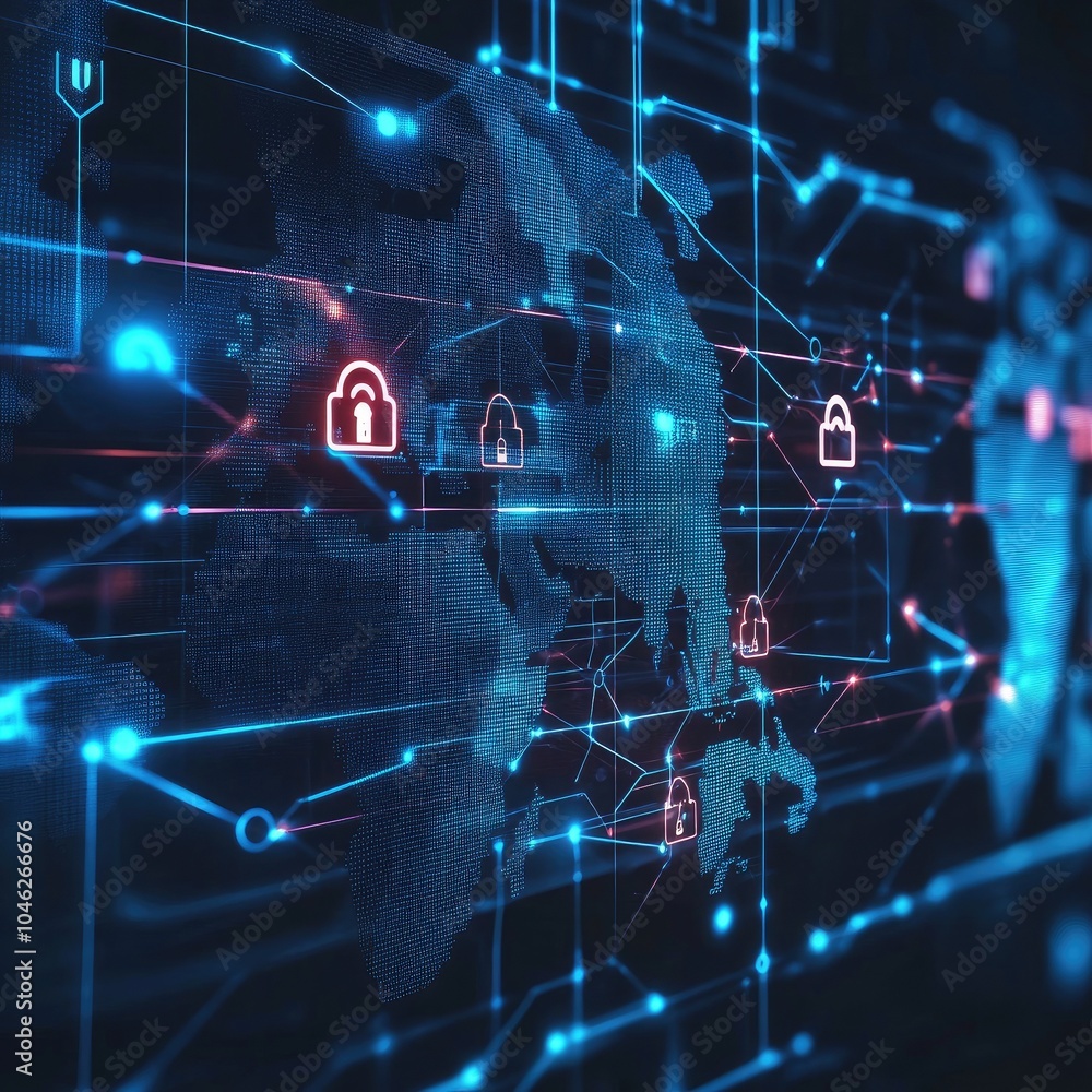 Poster a futuristic digital network with glowing locks and interconnected global data, representing cyberse