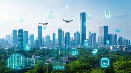 A futuristic smart city with towering skyscrapers made of glass and steel, autonomous electric cars, flying drones, and smart homes with integrated solar panels. 