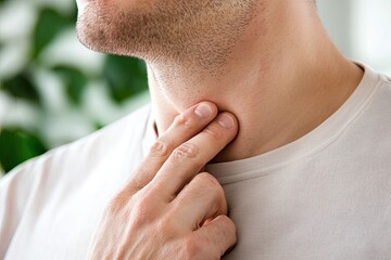 Fototapeta premium A close-up of a man checking his throat, emphasizing health awareness and self-examination in a natural setting.