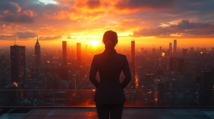 Fototapeta premium Woman in suit gazes at a vibrant sunset over a city skyline.