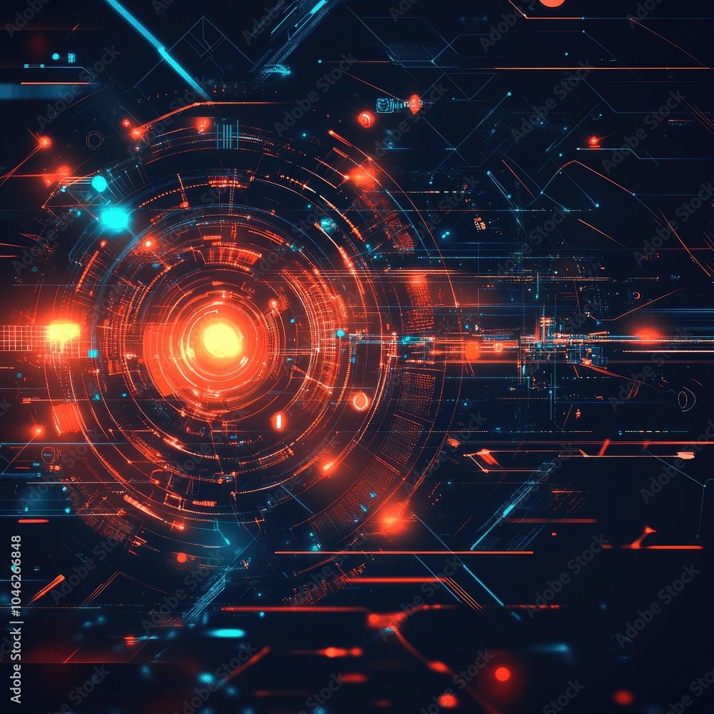 Poster abstract digital technology background with bright glowing elements and intricate patterns, creating