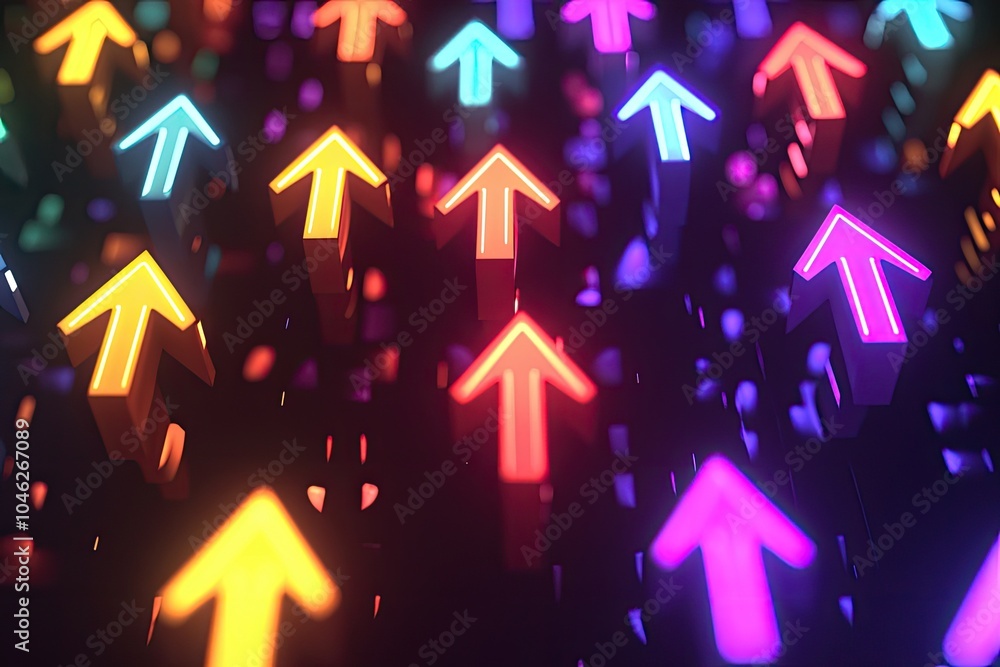 Poster colorful upward arrows glowing in a dark background for dynamic visuals.