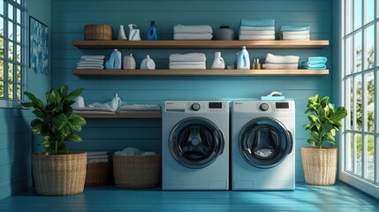 Modern laundry room with organized shelves and appliances.