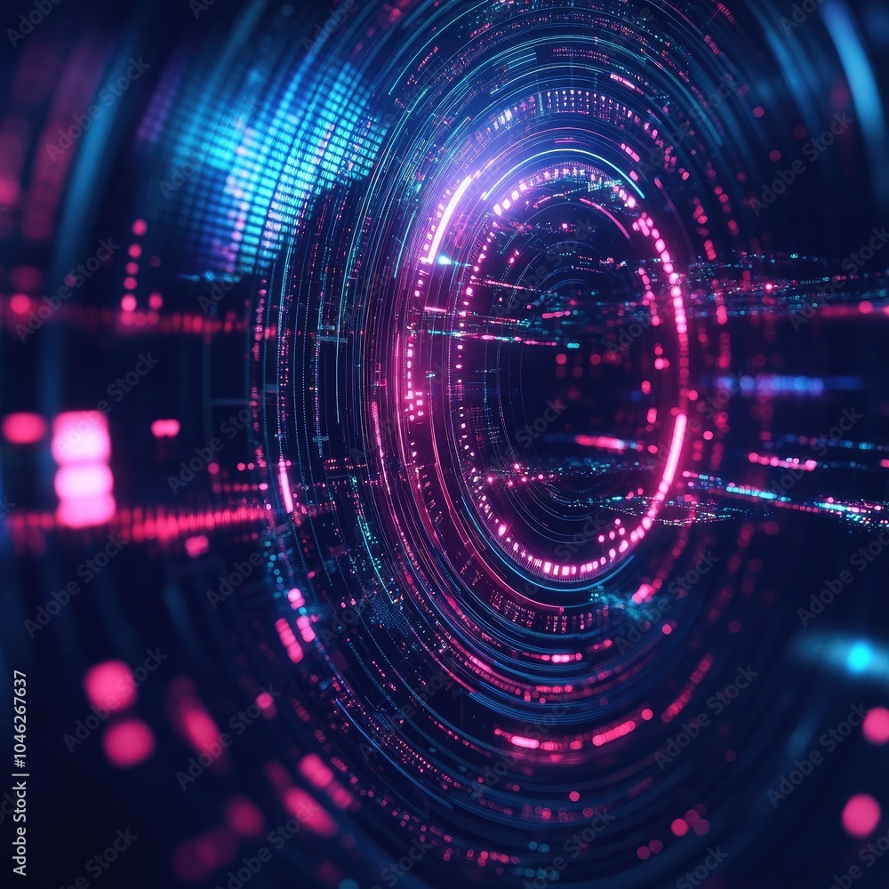 Poster vibrant digital abstract design featuring glowing rings and dynamic light patterns, ideal for techno