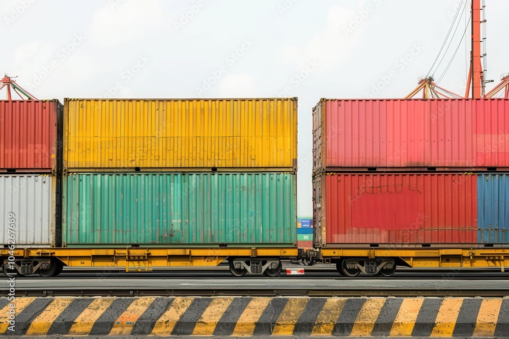 Poster Containers are being loaded from a truck to a train platform, highlighting the integration of various transportation methods for goods. Generative AI