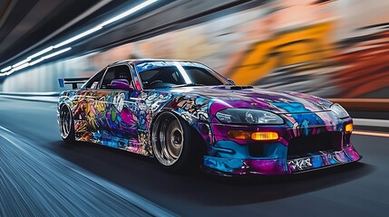 A vibrant, graffiti-styled car speeding through a tunnel, showcasing urban art and culture.