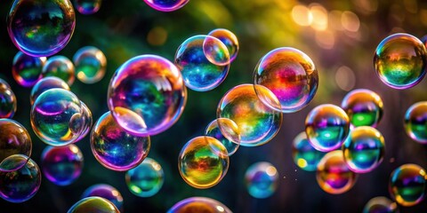 Rainbow soap bubbles floating in the air on a dark blurred background, bubbles, colors, vibrant, playful, happiness, joy