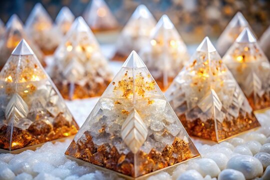 Stunning white orgone generator pyramid for decorative backgrounds and textures with crystal and symmetrical design