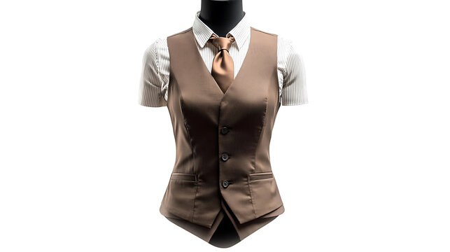 Ghost mannequin effect displaying a brown women's classic waistcoat without a human model. This sleeveless business office vest for women is made from garment textile.
