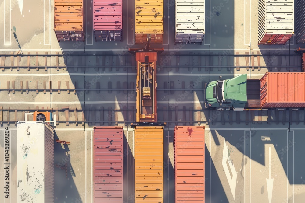 Poster containers are being loaded from a truck onto rail tracks at a freight terminal, highlighting effici