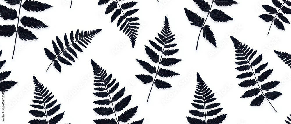 Poster monochrome fern leaf patterns, minimal botanical background with clean lines