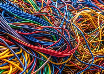 A close-up reveals a wild jumble of tangled wires, highlighting the intricate and chaotic nature of electrical connections and the complexity of intertwined cables.