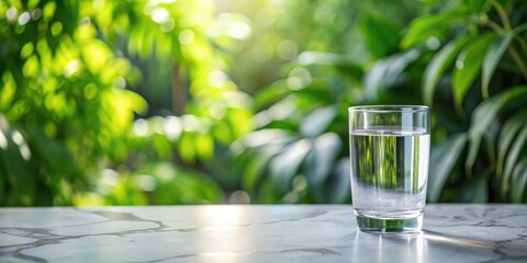 Glassy water glass sitting on a marble countertop surrounded by greenery, dining, countertop, nature