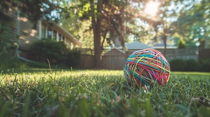 A rubber band ball and a frisbee in a backyard game