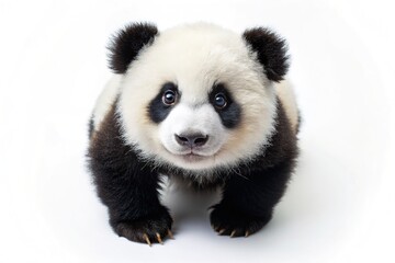 Fototapeta premium A delightful baby panda poses playfully on a clean white background, showcasing its irresistible charm. Its big, bright eyes and playful demeanor steal the spotlight.