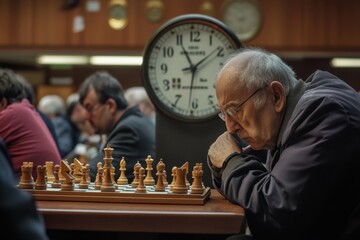 A chess tournament scene with games happening simultaneously, participants deeply focused on their boards, judges observing closely, and a large clock ticking down the seconds as tension rises.
