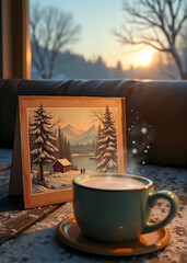 Christmas Card and Hot Drink by Frosted Window