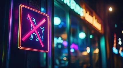 A neon sign indicating no dogs allowed outside a business at night.