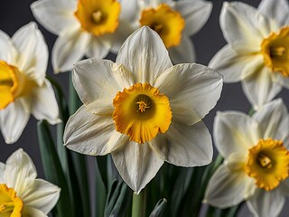 Fototapeta premium close up photo of white and yellow narcissus or daffodil flowers in a flower garden