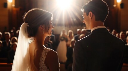 A wedding couple exchanging vows in front of a gathered crowd, with the bride in a stunning wedding dress