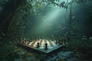 A chessboard in a misty forest clearing, with ancient wooden pieces, glowing faintly under soft moonlight as if telling a story of forgotten games played long ago in this secluded magical space.