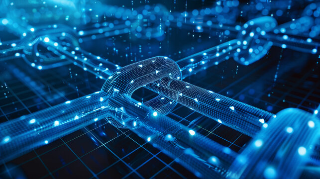 Close-Up of Blockchain Links and Digital Data Signals in a Secure Network