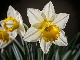Fototapeta premium close up photo of white and yellow narcissus or daffodil flowers in a flower garden