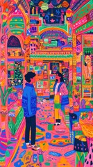 Fototapeta premium A vibrant, colorful scene of two people interacting in a lively, eclectic shop.