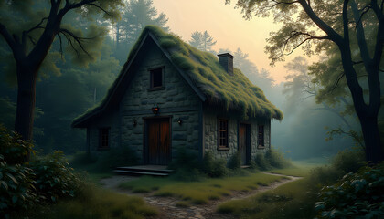  Cozy wooden cabin in a forest at twilight