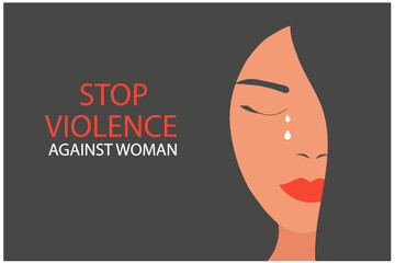 Stop violence against woman concept for the International Day for the Elimination of Violence against Women, woman crying face vector illustration