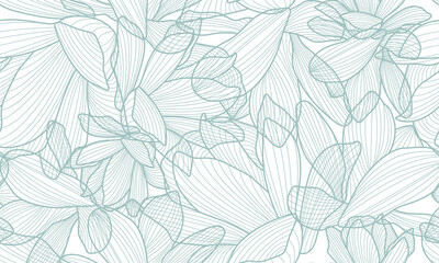 Flowers Pattern Line Art Vector Drawing. Linear Drawing of Floral Contour Ornament. Flowers Seamless Pattern with Blue Sketch Plants on White Background	