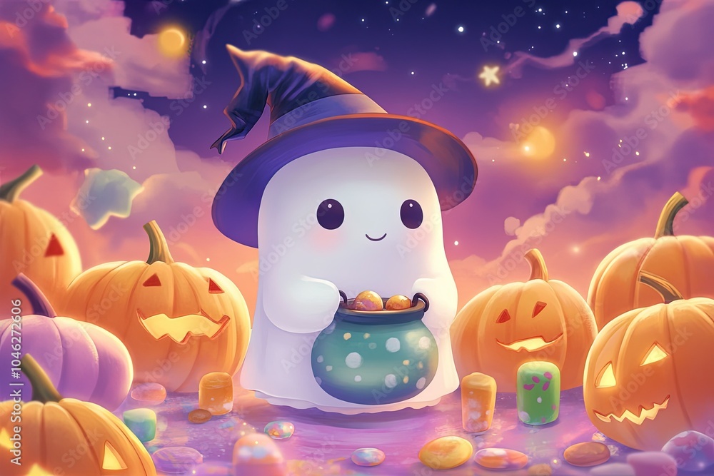 Poster a snowman with a pot of gold in a field of pumpkins