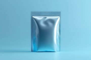 A shiny, sealed pouch on a light blue background, suggesting packaging for various products.