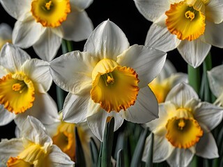 close up photo of white and yellow narcissus or daffodil flowers in a flower garden