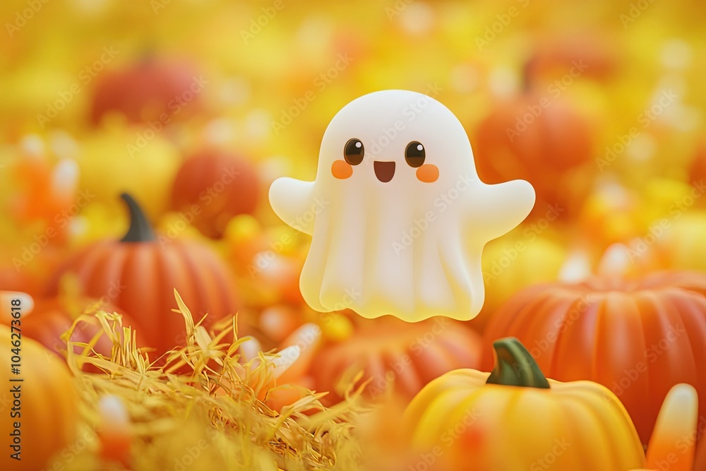 Sticker a white ghost floating over a field of pumpkins