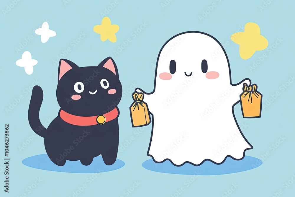 Sticker a black cat standing next to a white ghost