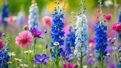 Fototapeta premium Meadow with delphinium, snapdragon, cosmo flower, cornflower, macro shot