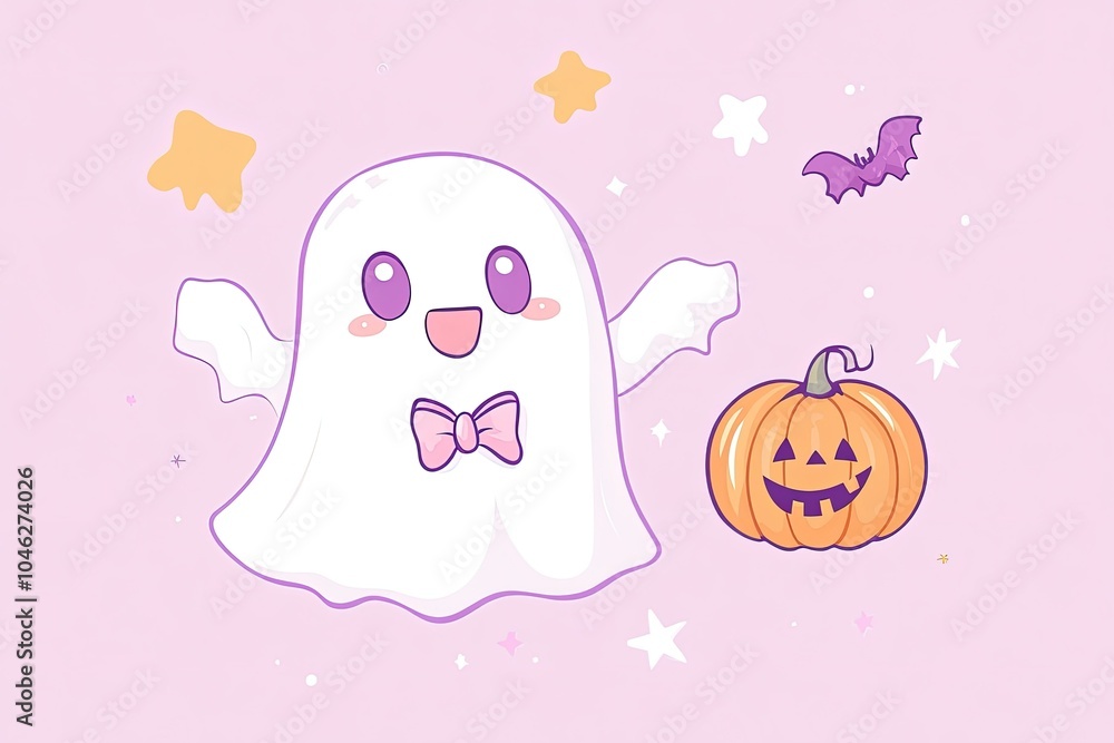 Sticker a ghost and a pumpkin on a pink background