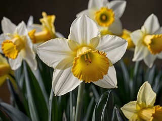 Fototapeta premium close up photo of white and yellow narcissus or daffodil flowers in a flower garden