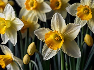 Obraz premium close up photo of white and yellow narcissus or daffodil flowers in a flower garden