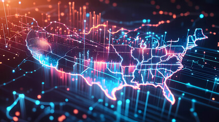 Obraz premium Digital map of USA, concept of North America global network and connectivity, data transfer and cyber technology, information exchange and telecommunication Generative AI