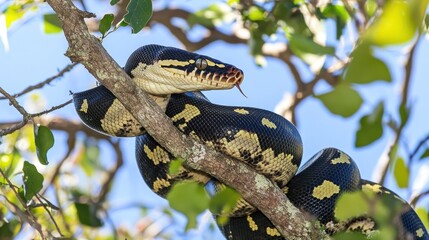 A snake resting on a tree branch, blending with its surroundings.
