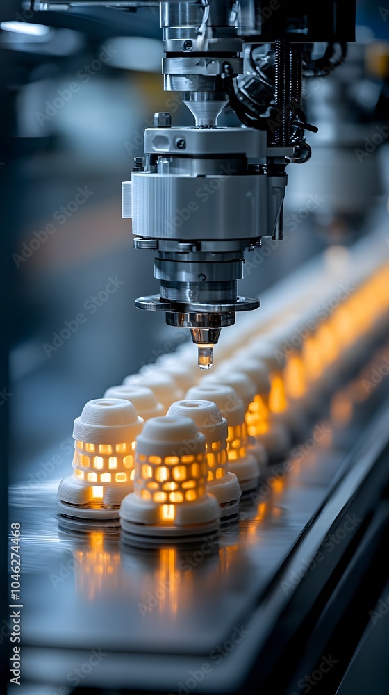 Poster close up view of 3d printed water filter components being manufactured in a futuristic smart factory