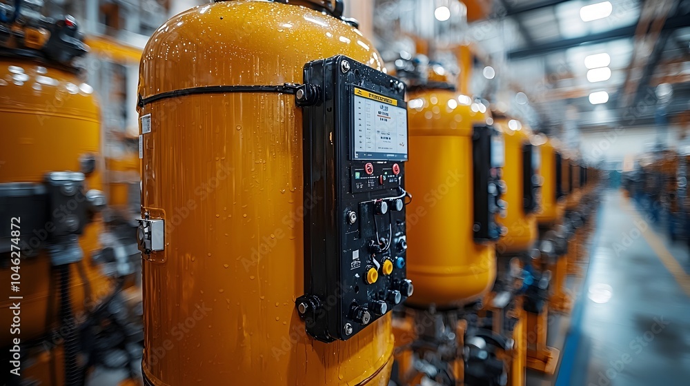 Poster automated water filter assembly line in a state of the art manufacturing facility featuring robotic 
