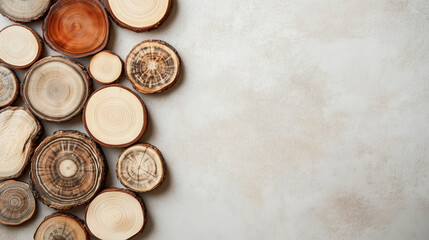 Natural wooden slices are carefully arranged on a light surface,highlighting their unique textures and patterns,perfect for various DIY projects or decor,copy space